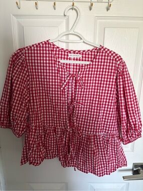 Avec Les Filles Red and White Gingham Tie-Front Peplum Blouse